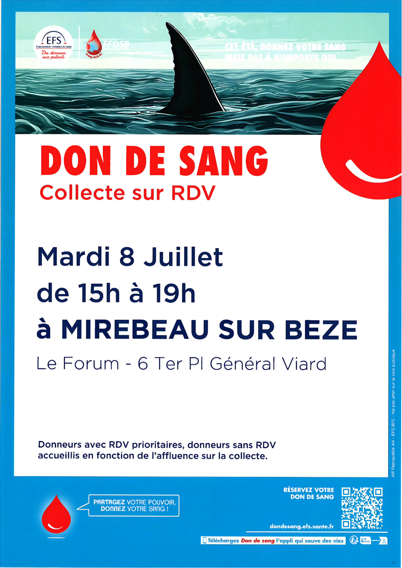 Don de sang - 📅 Le lundi 8 juillet 🕒 De 15h à 19h 📍6 ter place du Général Viard, Mirebeau-sur-Bèze 📌Sur rendez-vous