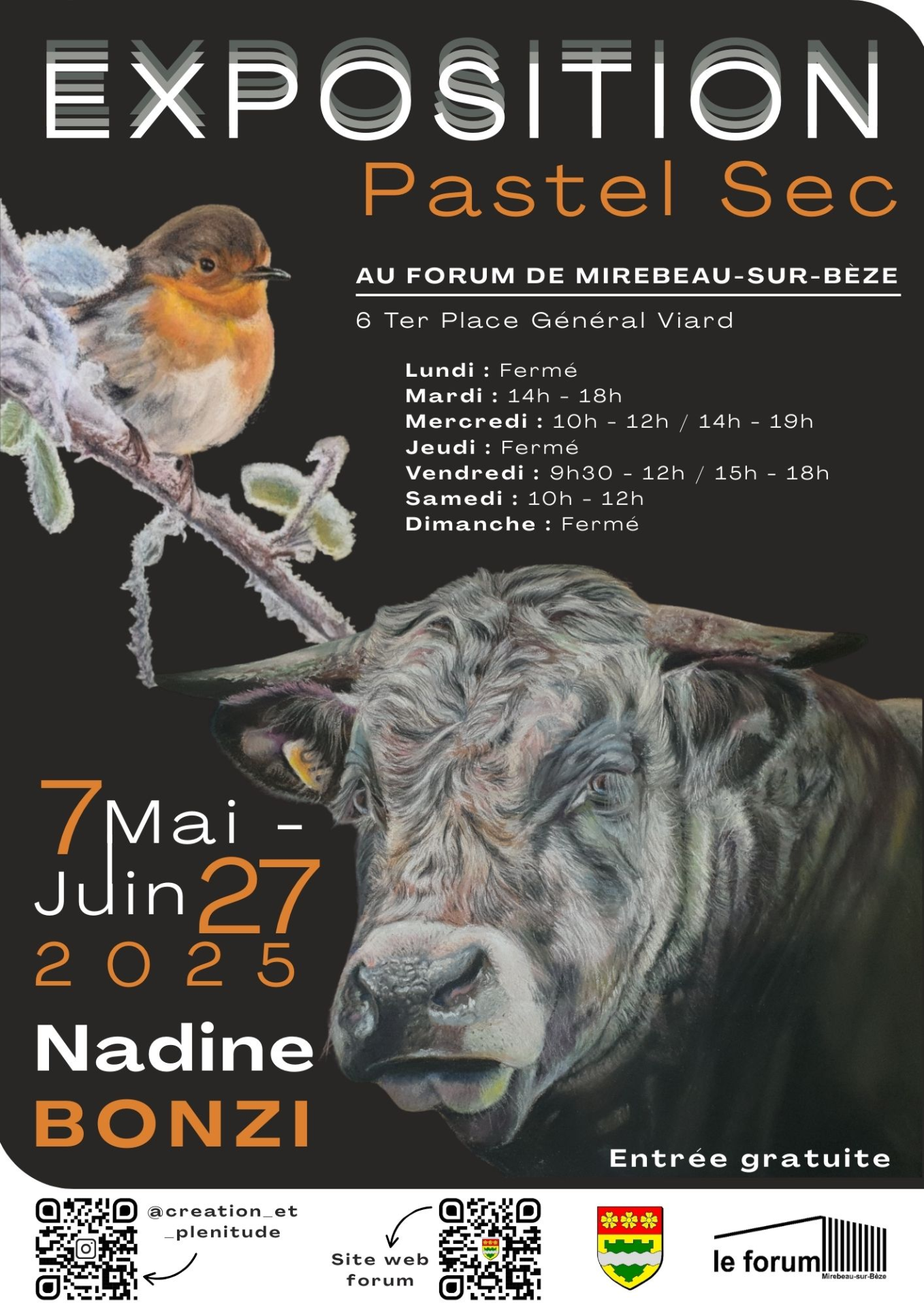 Affiche exposition au Forum à Mirbeau-sur-Bèze de Nadine BONZI au pastel sec du 7 mai au 27 juin 2025